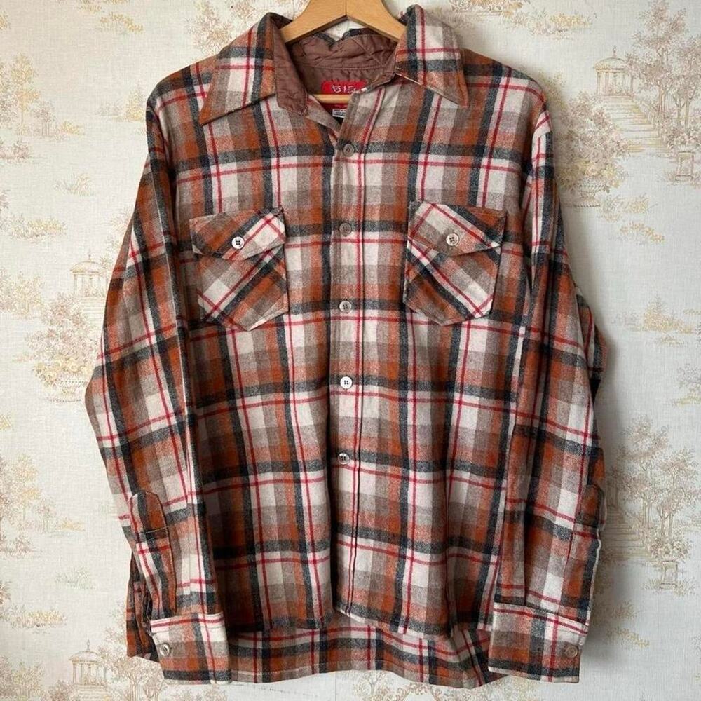 Vintage 80s Big John Lightweight Wool Flannel | Orange Plaid | Large